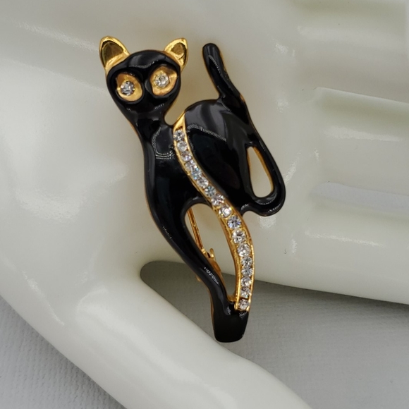 Unsigned Jewelry - Black Enamel & Rhinestone Cat Brooch